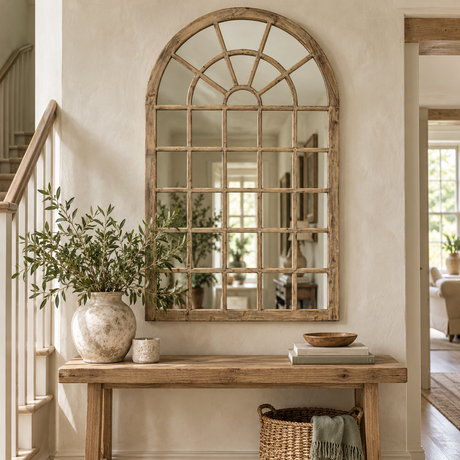 Small Vintage Wall Mirror with an arched window frame hung above a rustic wooden console table in a hallway, with olive branches in a stone vase