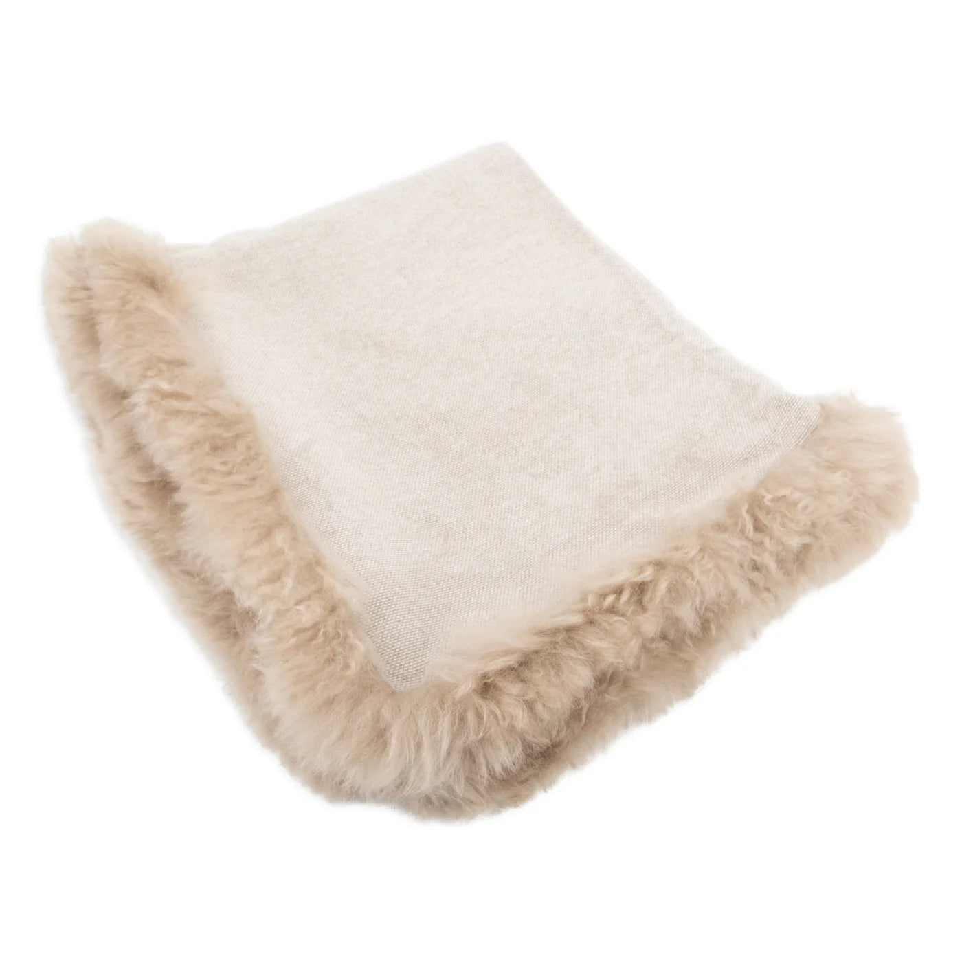 Woven Beige Wool Blanket With Sheepskin Trim