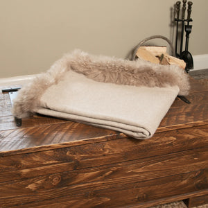 Woven Beige Wool Blanket With Sheepskin Trim