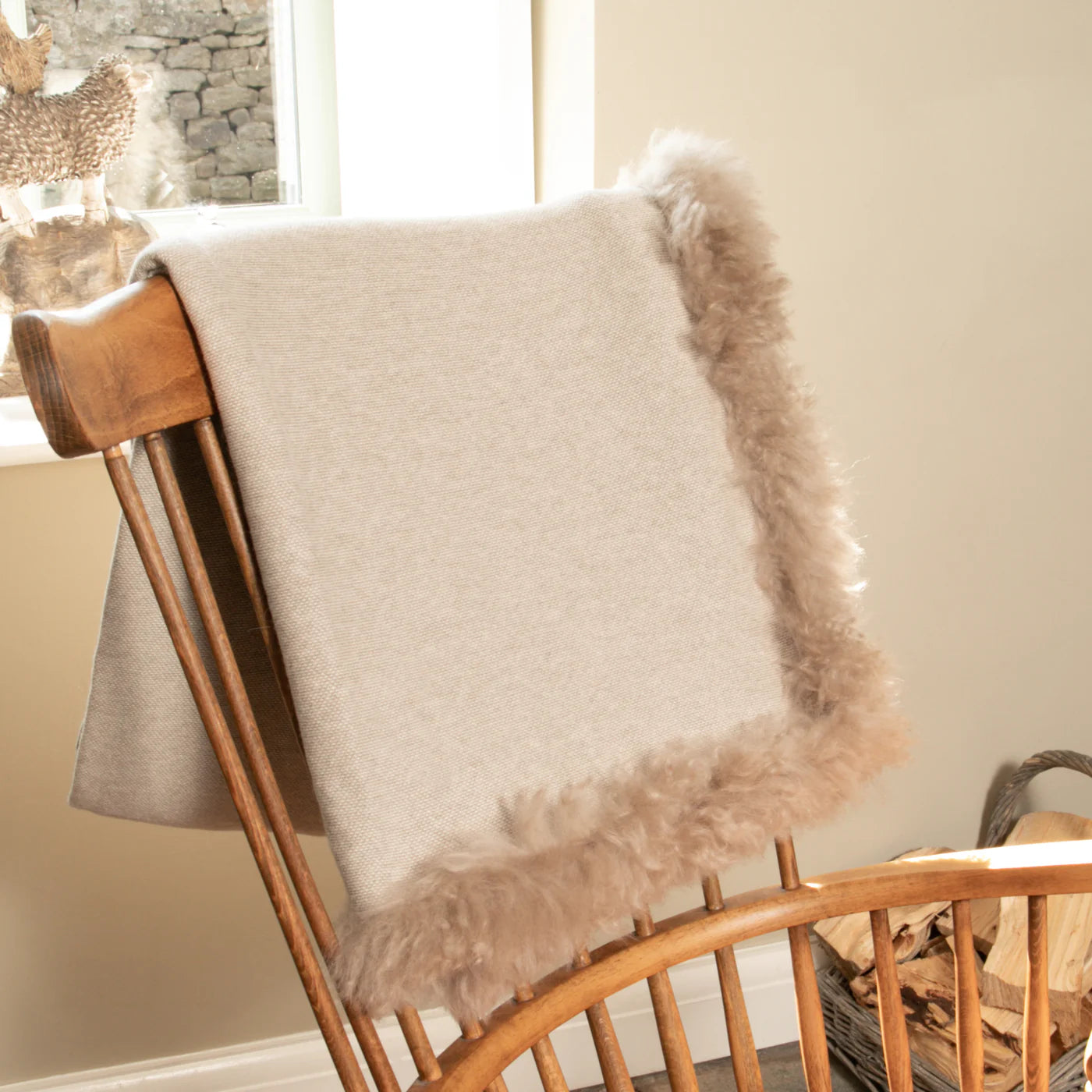 Woven Beige Wool Blanket With Sheepskin Trim