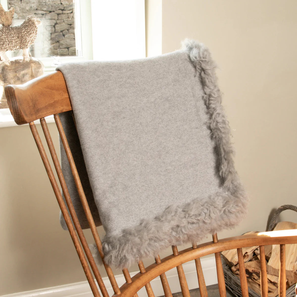 Woven Grey Wool Blanket With Sheepskin Trim
