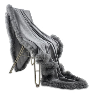Woven Grey Wool Blanket With Sheepskin Trim