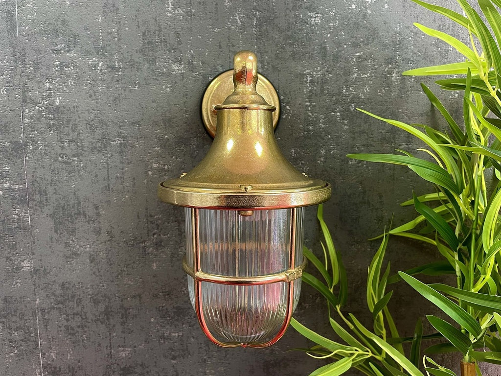 Brass outdoor wall light fixture on a dark gray wall with greenery.