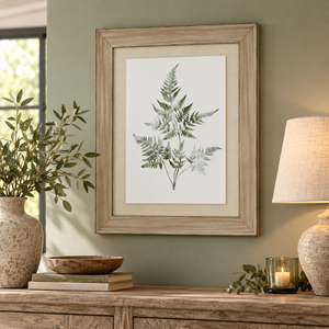 Watercolour Bracken Fern In Washed Wood Frame above a rustic wooden sideboard with a stone vase of olive branches, a linen table lamp and a stoneware bowl