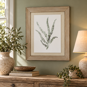 Watercolour Delicate Fern In Washed Wood Frame above a rustic wooden sideboard with olive branches in a stone vase, a linen table lamp and trailing ivy