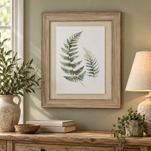 Watercolour Fern Duo In Washed Wood Frame above a rustic wooden sideboard with olive branches in a stone jug, a linen table lamp and trailing ivy