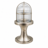 A marine navigation light fixture with a ribbed clear glass dome and a brushed silver metal base and cage, shown on a solid white background.