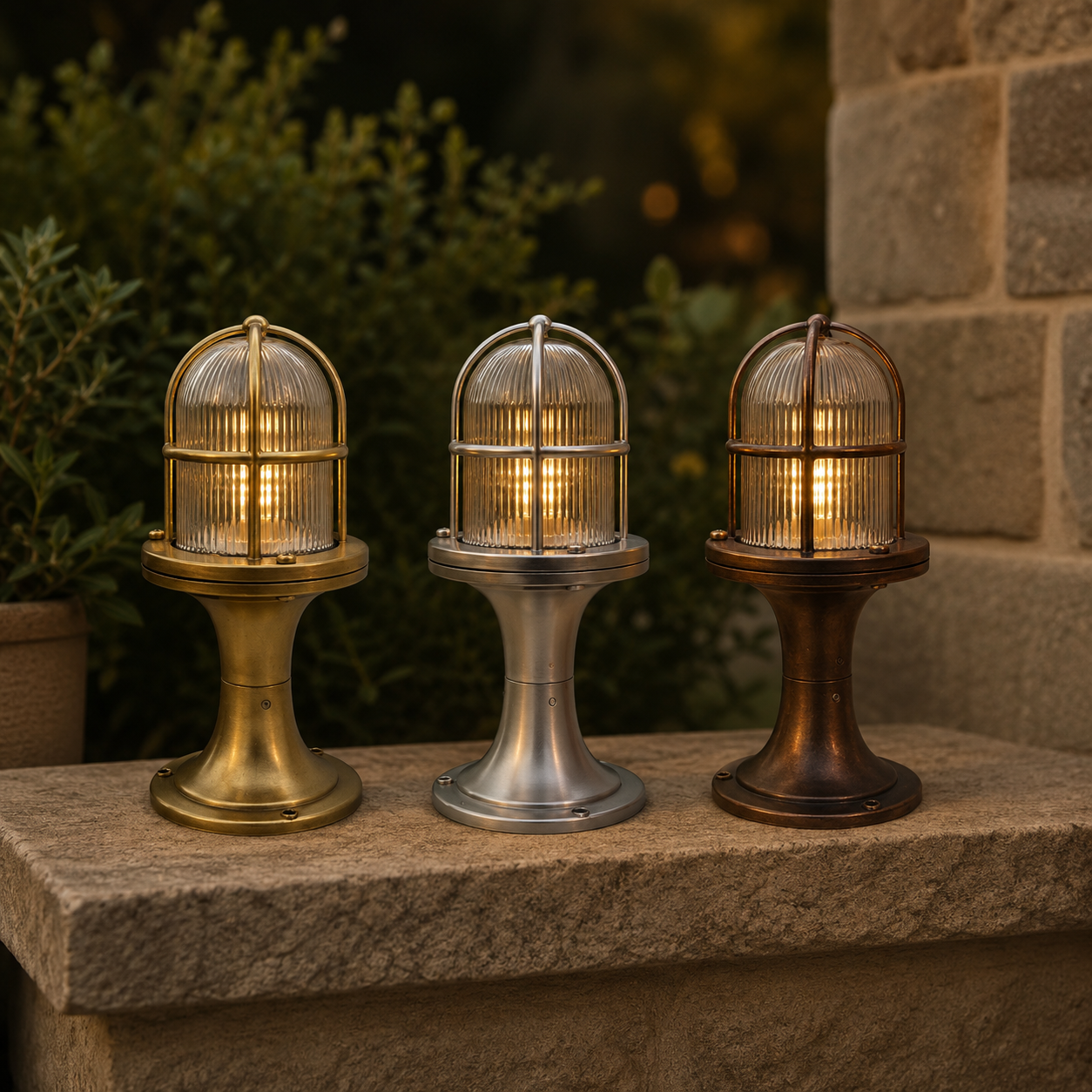 A nautical style outdoor light fitting in three different finishes on a wall in an outdoor setting