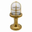 A vintage-style industrial maritime light fixture with a polished brass base and cage, featuring a ribbed clear glass dome shade, isolated on a white background.