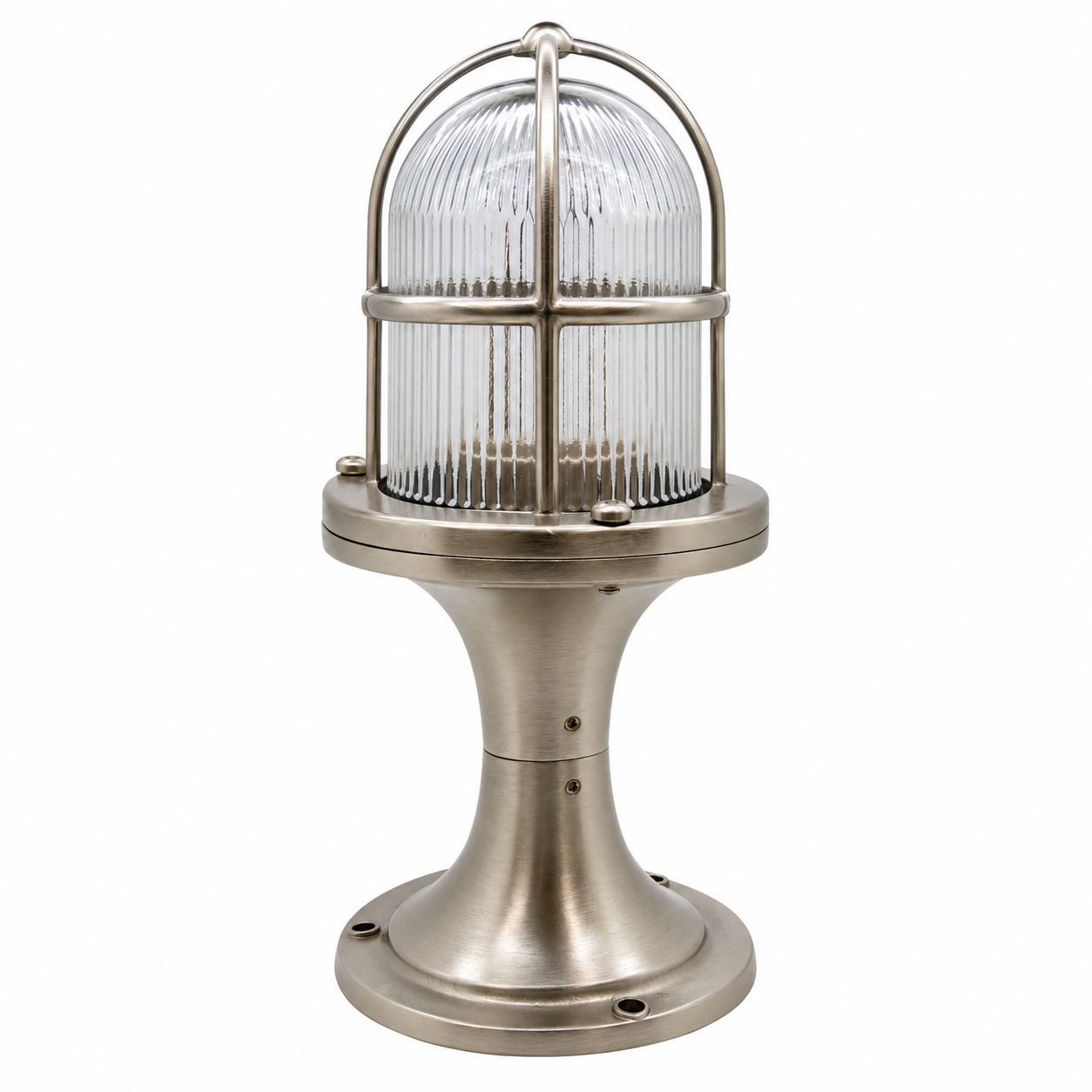 Industrial-style table lamp with a ribbed clear glass dome shade and a brushed metal base in a silver finish, shown on a plain white background.