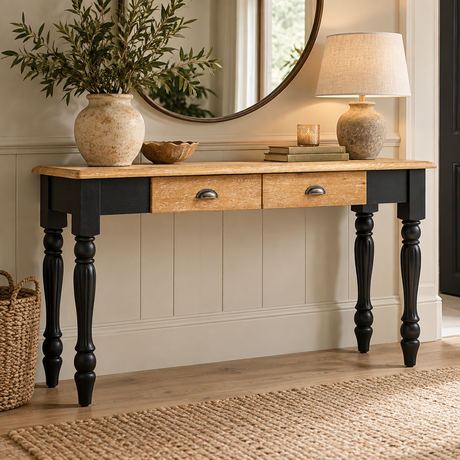 A console table with a light natural wood top and drawer fronts, black turned legs, and silver drawer pulls, styled in a bright entryway with a vase, bowl, books, and a table lamp.