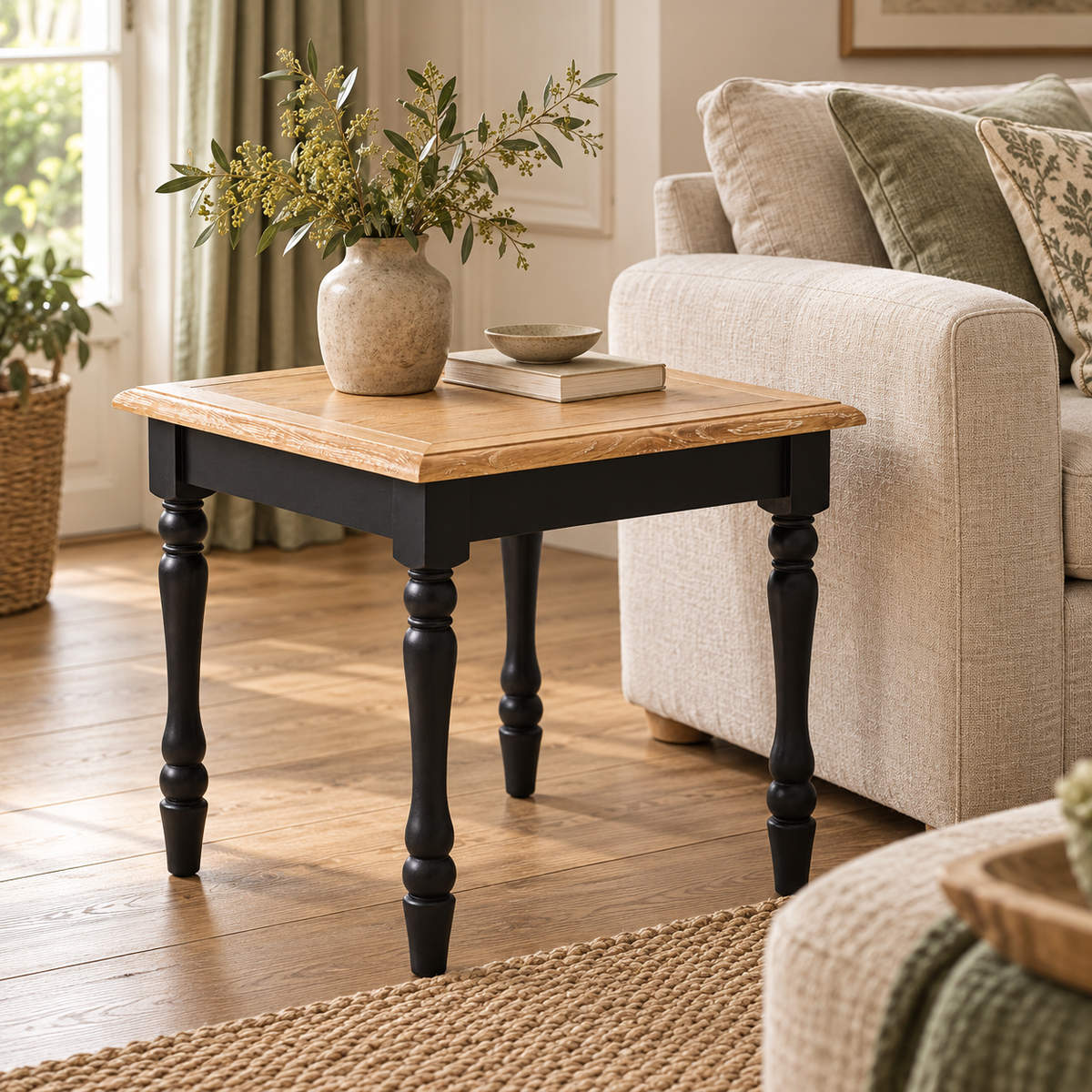 Westbury House Antique Oak Side Table beside a cream sofa with a stoneware vase of foliage and books