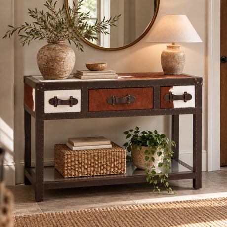 A rustic console table with a dark brown frame, cowhide panels, and leather-look drawer fronts, styled in a warm entryway with a lamp, vase, basket, and plants.