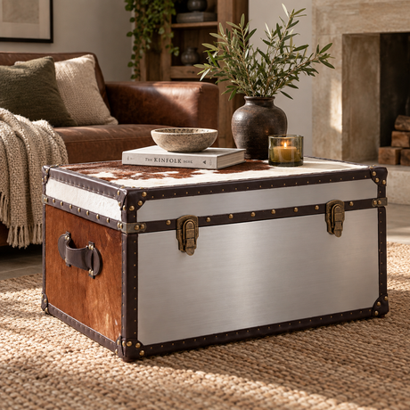 A vintage-style trunk coffee table with a brushed silver metal top and brown leather trim, styled in a cozy living room setting.