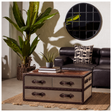 Westbury House trunk style coffee table in brown and white hair-on cowhide leather styled in living room with sofa and large plant
