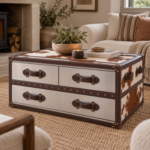 A rustic-style storage trunk coffee table with cowhide-patterned panels and dark brown leather handles, styled in a cosy living room setting.
