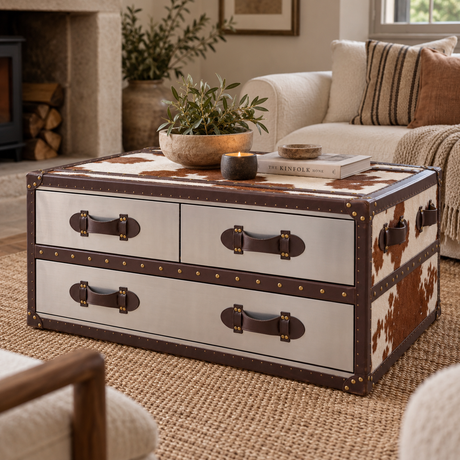 A rustic-style storage trunk coffee table with cowhide-patterned panels and dark brown leather handles, styled in a cosy living room setting.