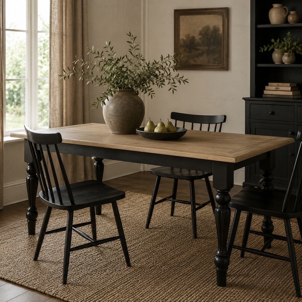 Natural wood dining table with black turned legs, styled with black dining chairs, a ceramic vase of greenery and pears in a warm, rustic dining room.