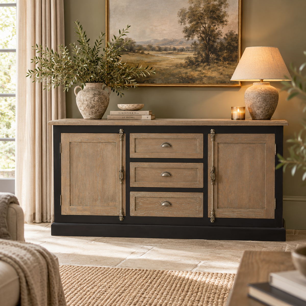 A rustic sideboard cabinet with a black frame and light weathered wood doors and drawers, styled in a cozy living room setting with a vase of greenery, a lit table lamp, and a framed landscape painting on the wall.