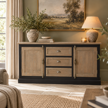 A rustic sideboard cabinet with a black frame and light weathered wood doors and drawers, styled in a cozy living room setting with a vase of greenery, a lit table lamp, and a framed landscape painting on the wall.