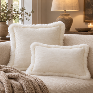 Square and rectangular White Linen Cushions With Sheepskin Trim on a cream sofa with a knitted throw, beside a stone table lamp and olive branches