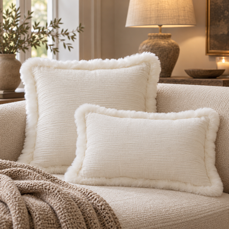 Square and rectangular White Linen Cushions With Sheepskin Trim on a cream sofa with a knitted throw, beside a stone table lamp and olive branches