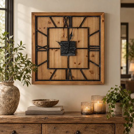 Williston Square Large Wooden Wall Clock above a rustic wooden sideboard with a stone vase of olive branches, a wooden bowl, books, candles and trailing ivy