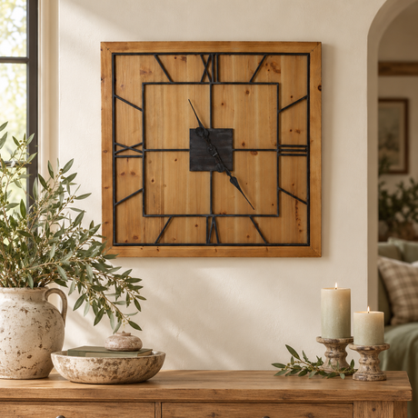 Williston Square Wooden Wall Clock above a wooden sideboard with a rustic stone jug of olive branches, a stone bowl and pillar candles in wooden holders