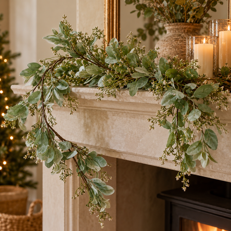 Lambs ear and wax flower garland draped over a stone fireplace mantel with candles