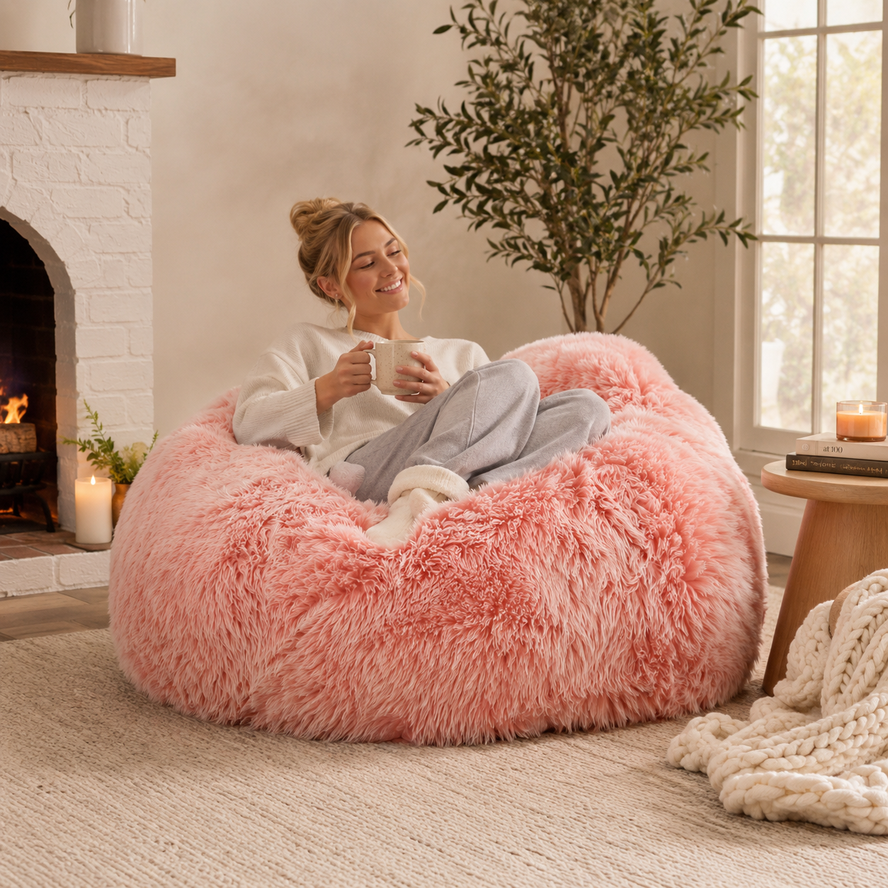 Woman sitting on a pink sheepskin bean bag chair in a cosy living room.