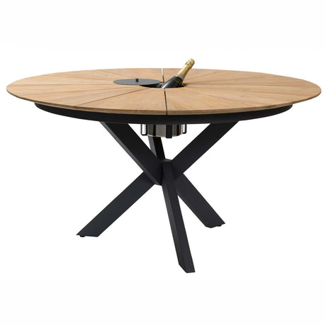 Round wooden outdoor table with black metal legs on a white background