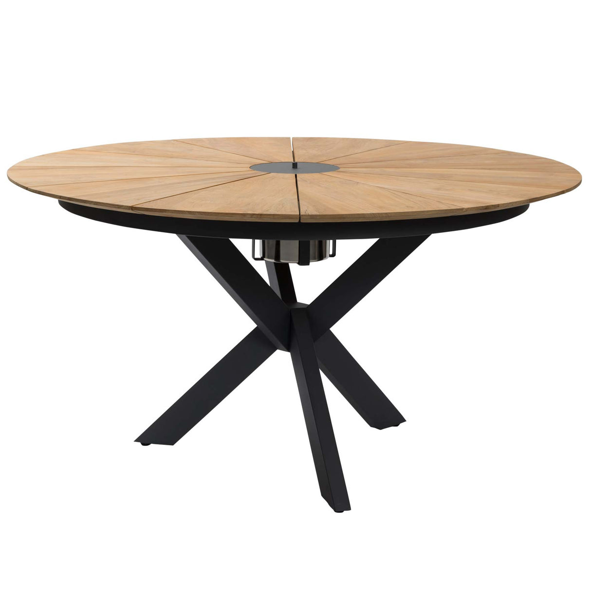 Round wooden outdoor table with black metal base on a white background