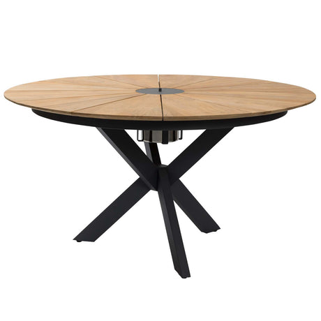 Round wooden outdoor table with black metal base on a white background