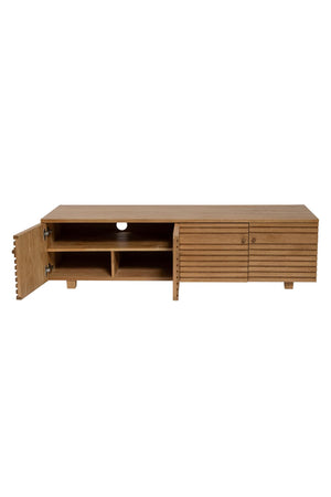 Solid oak low media unit with two open doors on a white background
