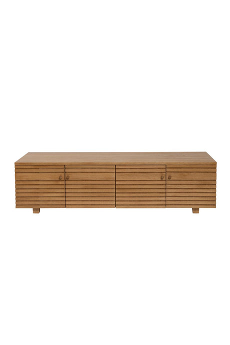 A natural oak low media unit on a white background