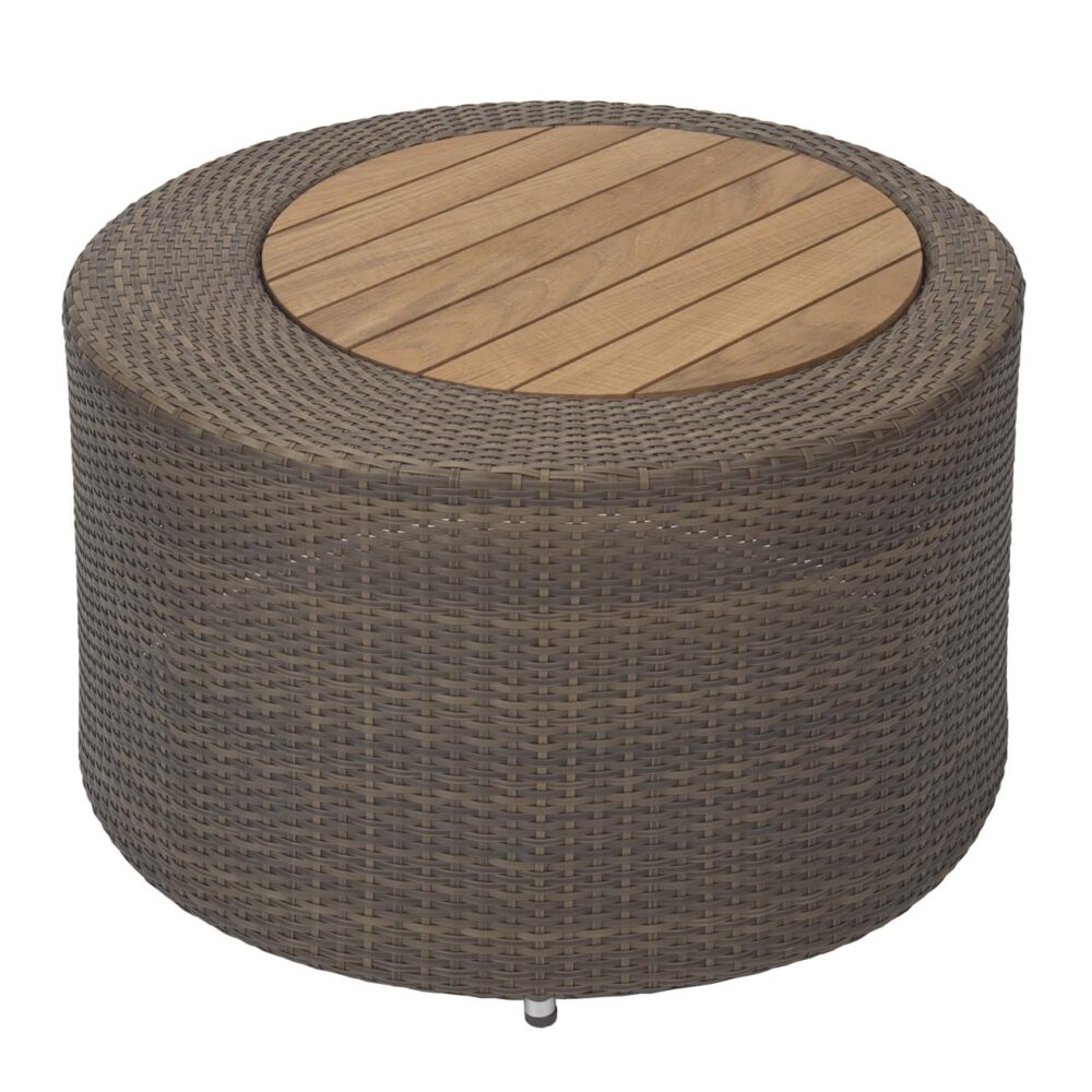 Round woven coffee table with a wooden top on a white background