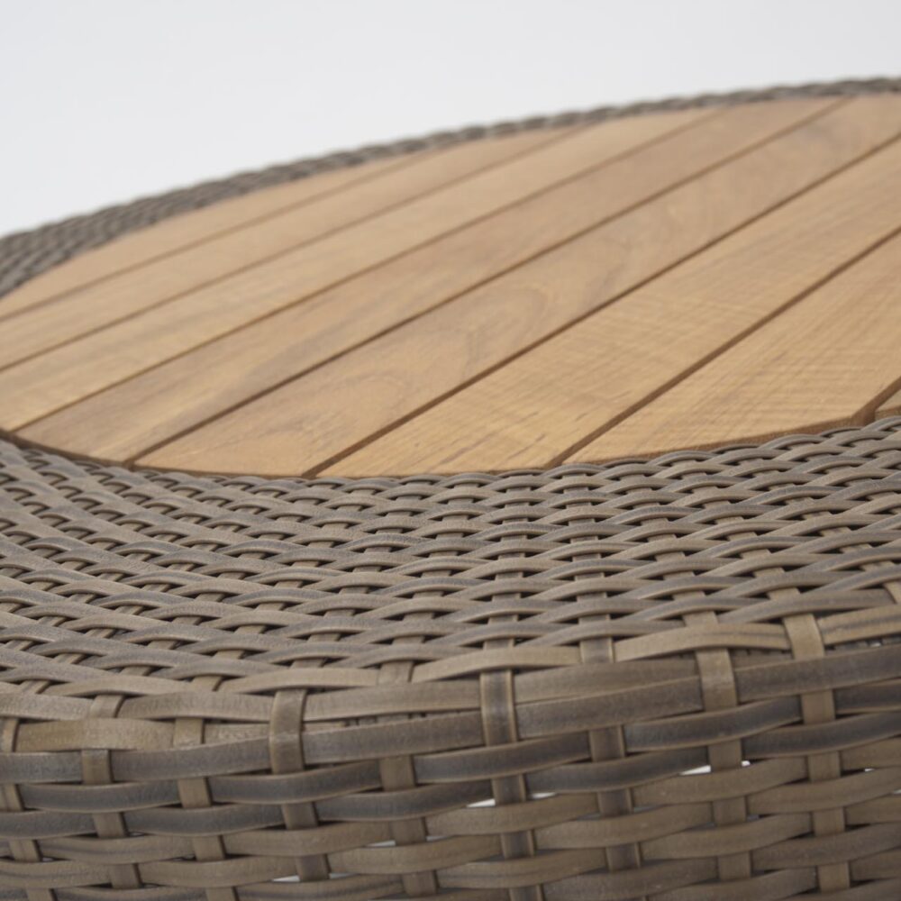 Close-up of a wooden table with woven edge