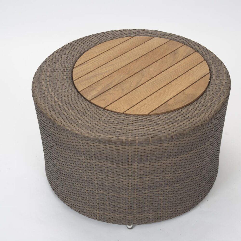 Round woven outdoor coffee table with a wooden top on a white background