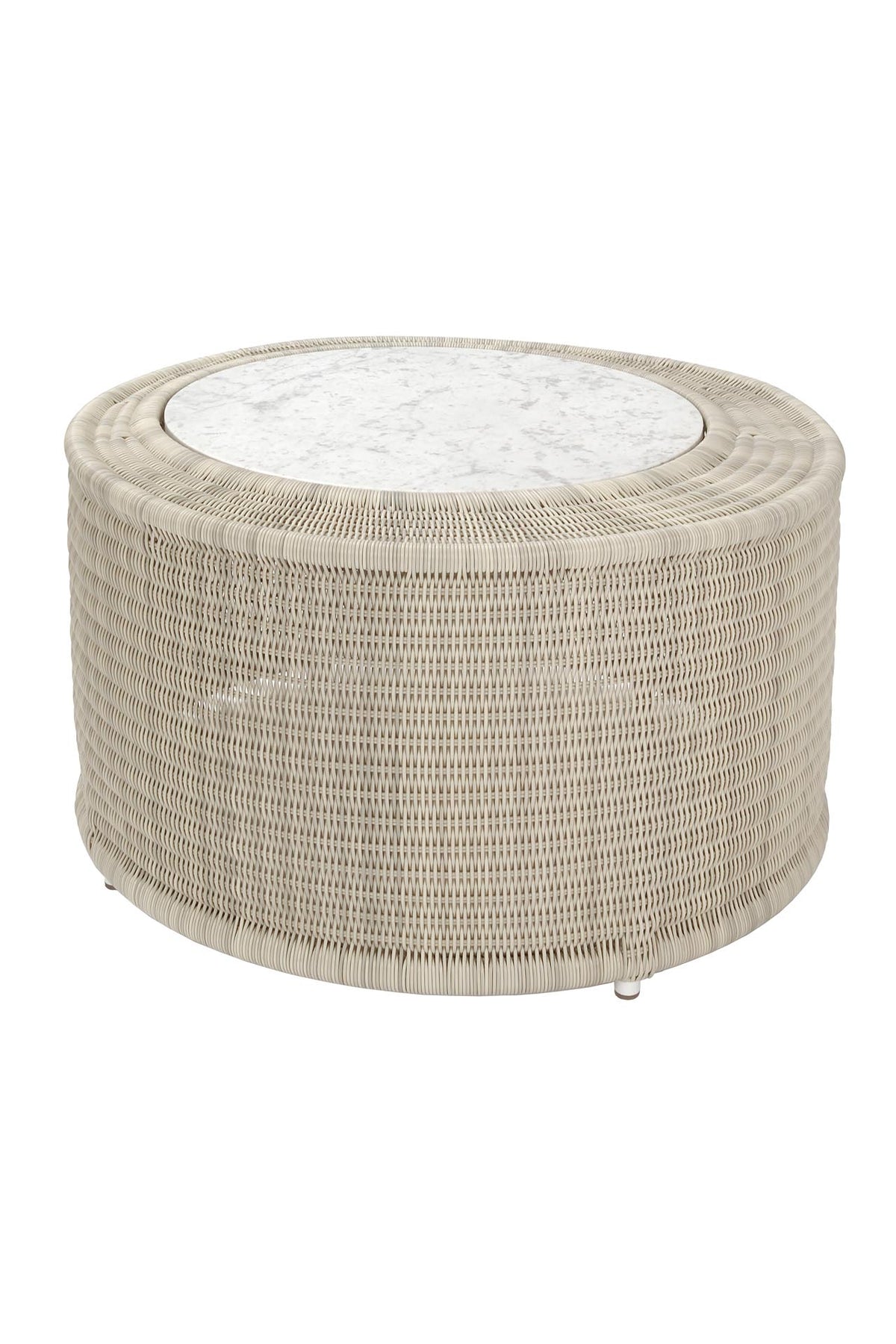 Round woven coffee table with a white insert on a white background