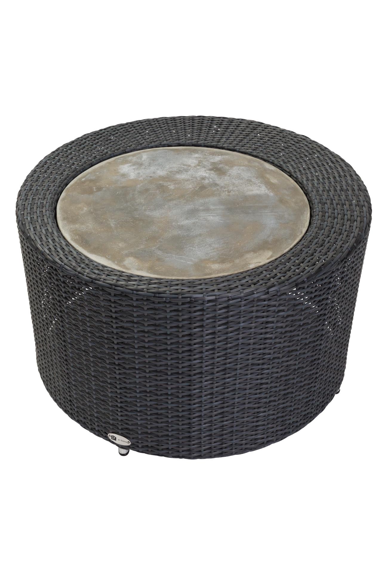 Round woven coffee table with a slate top on a white background