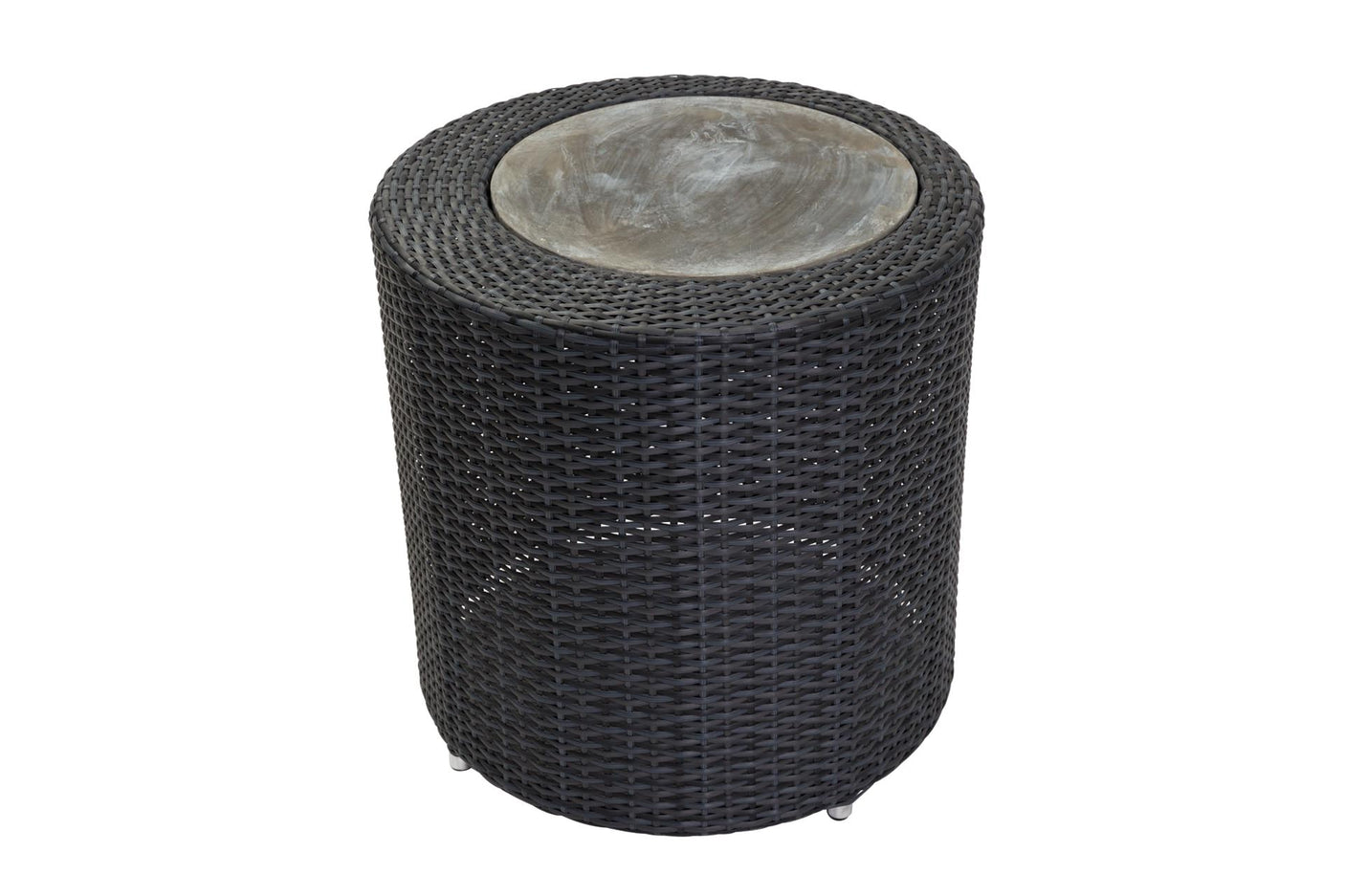 Black woven side table with a concrete top on a white background
