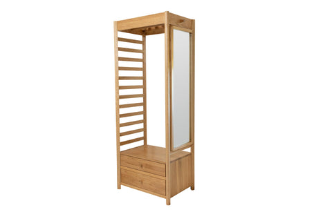 A tall wooden open wardrobe with a natural oak finish, featuring a ladder-style side rail, a vertical mirror, a top hanging bar, and two drawers at the bottom, shown on a plain white background.