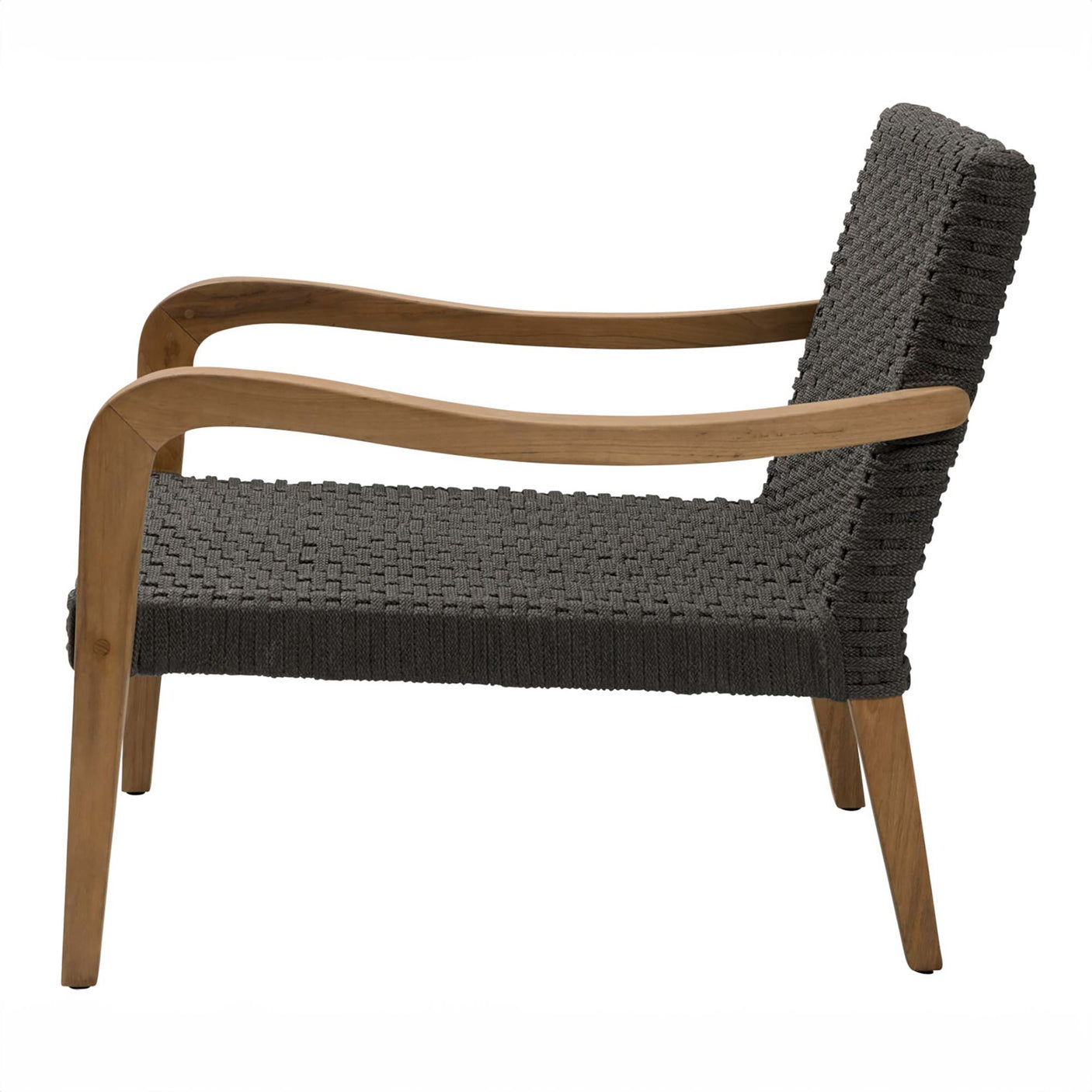 A modern outdoor lounge chair with a black woven rope seat and backrest, supported by curved light brown wooden arms and legs, on a white background