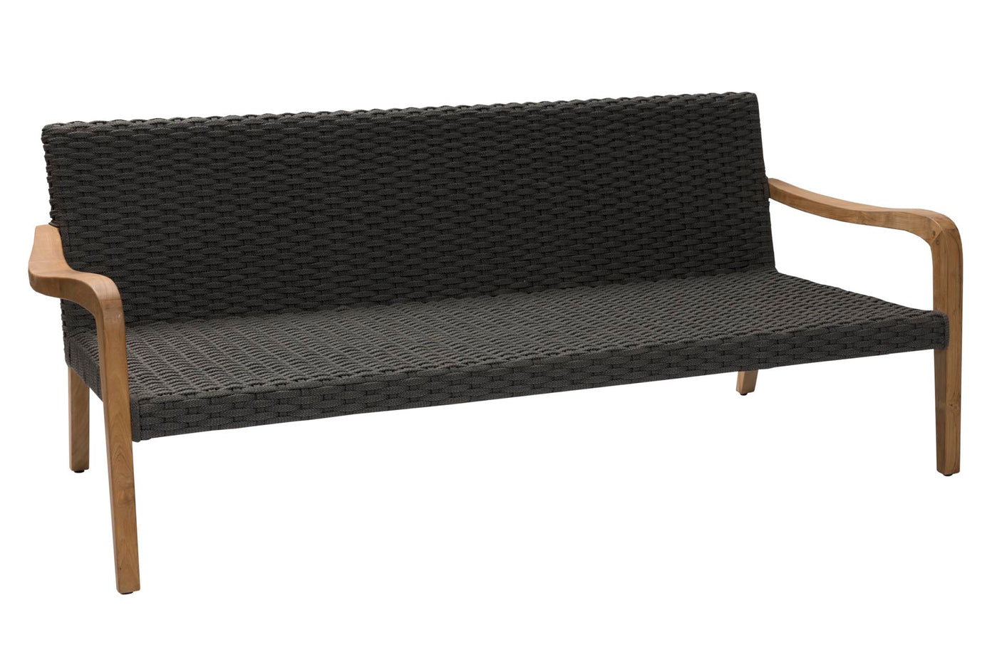 A modern outdoor loveseat with a black woven wicker seat and backrest, supported by a light brown wooden frame with curved armrests, shown against a plain white background.