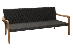 A modern outdoor loveseat with a black woven wicker seat and backrest, supported by a light brown wooden frame with curved armrests, shown against a plain white background.