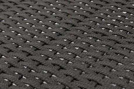 Close-up of a dark grey woven fabric texture with a repeating basketweave pattern.