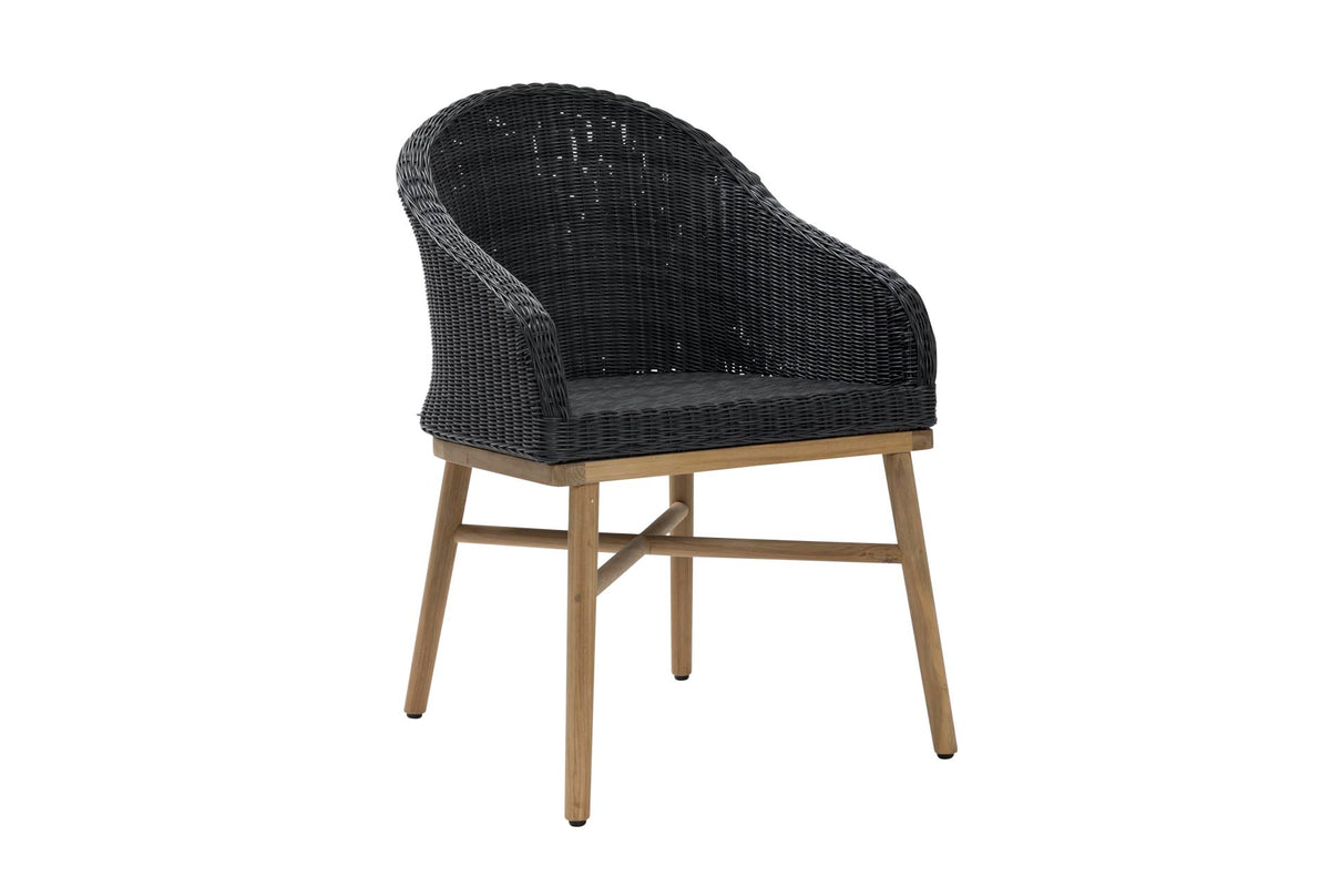 Chair with dark grey wicker backrest and wooden legs on a white background