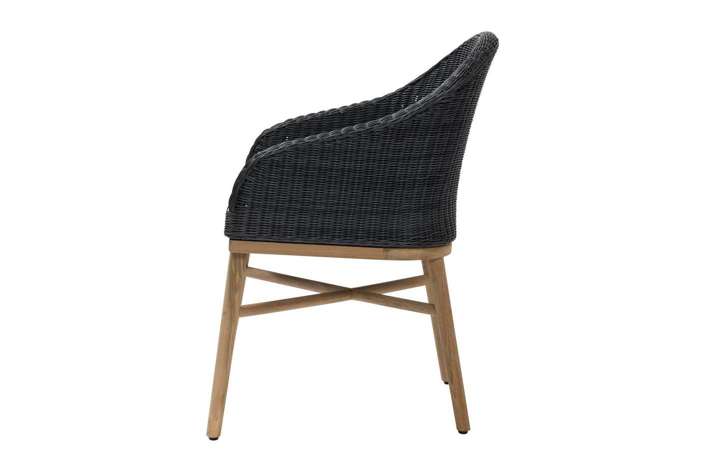 Dark grey wicker chair with wooden legs on a white background