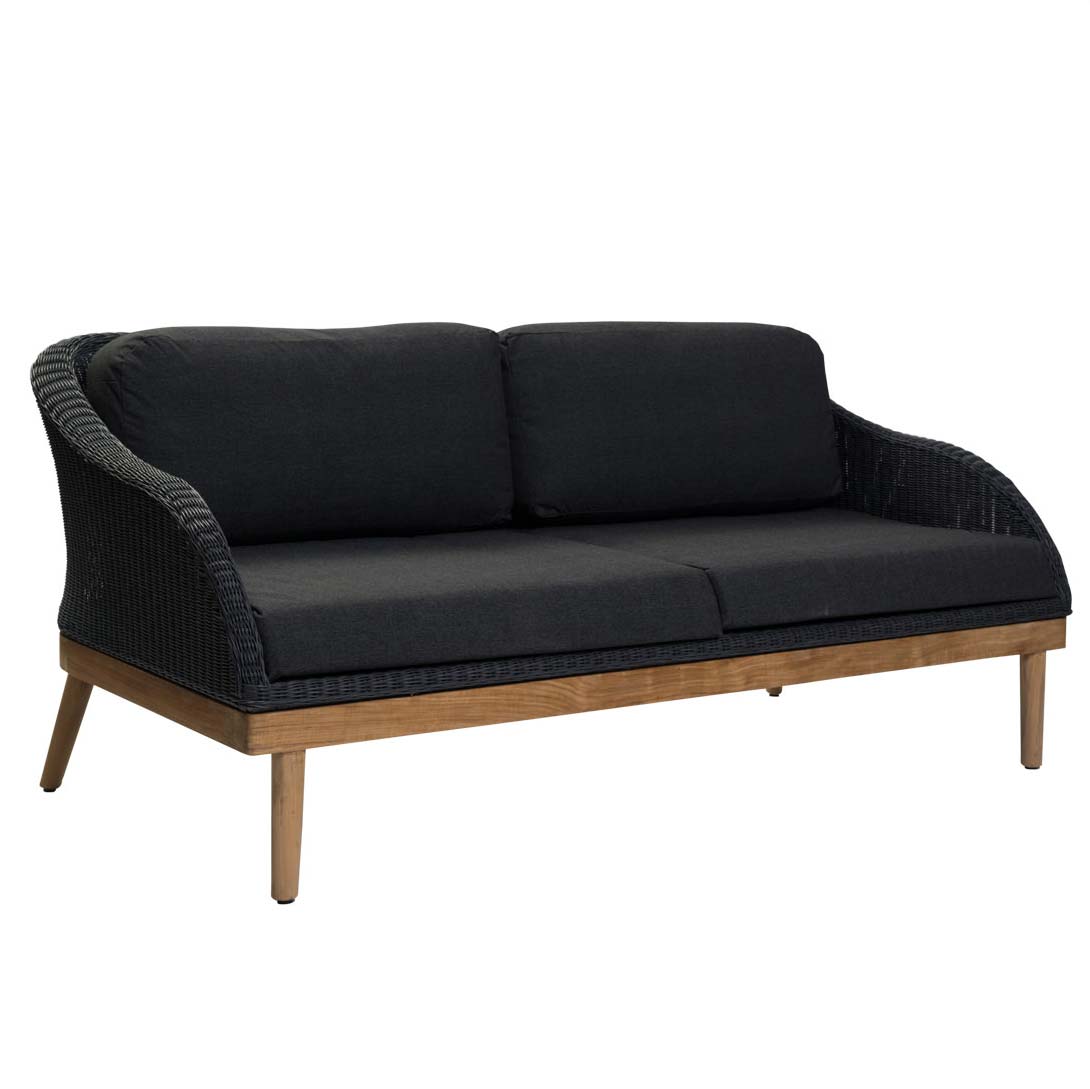 Large dark grey outdoor sofa with wooden frame on a white background