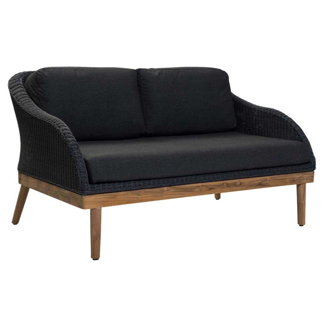 Dark grey cushioned outdoor sofa with wooden frame on a white background